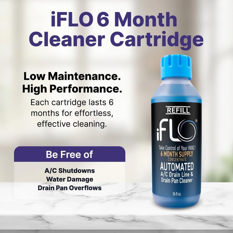 iFLO ® Smart A/C Drain Line Cleaner and Drain Pan Cleaner Cartridge Concentrate, Fast-Acting, Long-Lasting HVAC System Solution for Tough Clogs & Buildup, 6-Month Supply per Bottle, 2 Pack of 36oz - Image 2